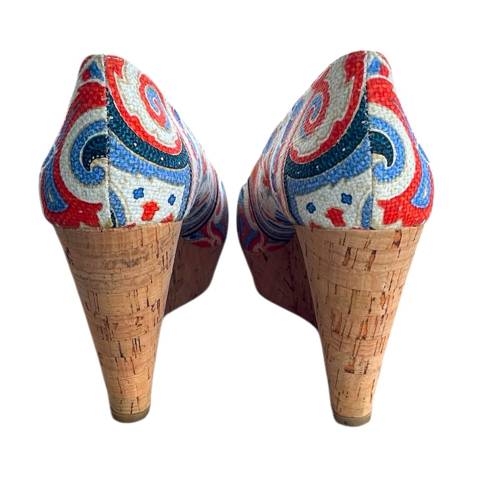 Nine West Aztec Paisley Blue/Orange/Cream Wedge Shoes Sz 8.5 - Picture 6 of 7